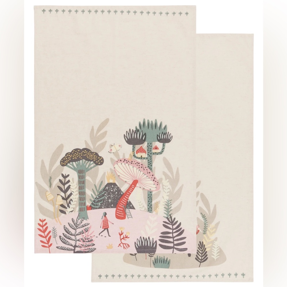“Far & Away” cotton/linen dishtowels-whimsical/botanical artwork/embroidery-NWOT